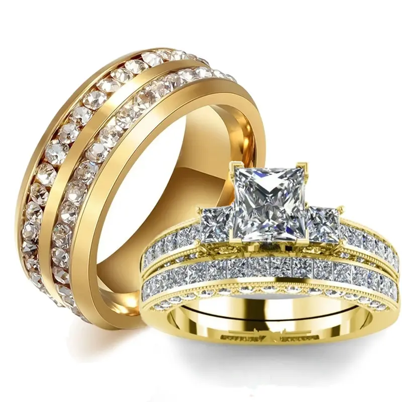 Fashion Couple Rings Vintage Stainless Steel Men Wedding Ring Elegant Women Square Cut Zircon Rings Set Engagement Jewelry Gifts