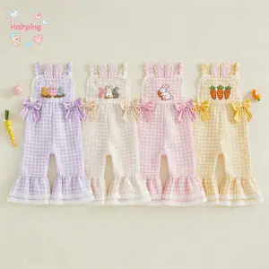 Baby Girl Easter Overalls, Gingham Check Bunny Ear Suspender Pants with Embroidery & Ruffled Bows 4 Styles Cute Toddler Spring Holiday Outfit