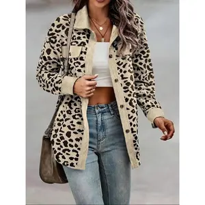 Women's Leopard Print Button Front Drop Shoulder Shirt Coat, Casual Long Sleeve Collared Pocket Blouse for Everyday Daily Wear, Ladies Clothes for All Seasons Fall Tops for Christmas