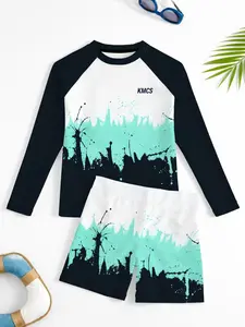 Beach Surfing Swimwear Set, Boys Girls Sun Protection Quick Dry Swimsuit, Long Sleeve Shorts Printed Design, Outdoor Water Sports Clothing, Swimsuits With Shorts