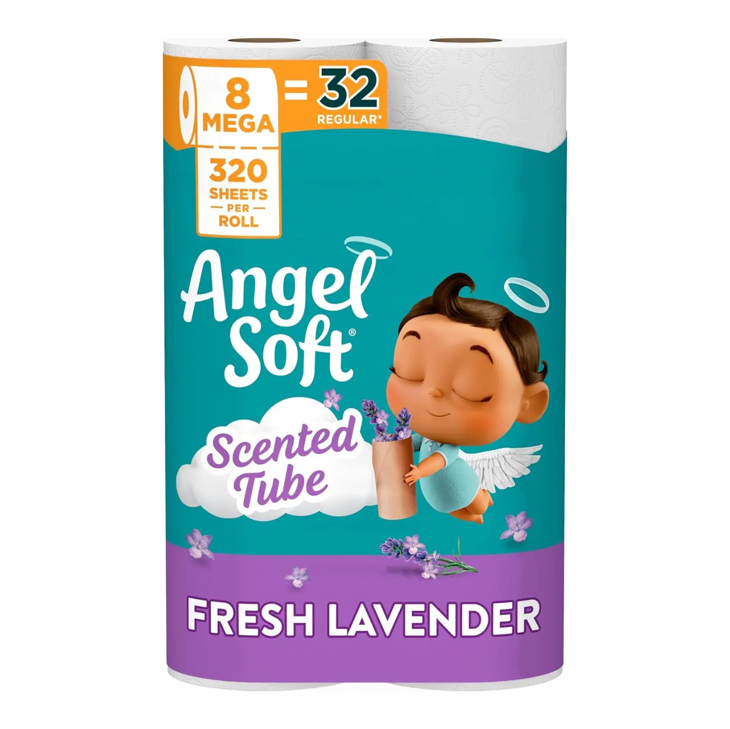 8 Mega Rolls Toilet Paper, Soft & Strong 2-Ply Bath Tissue with Fresh Lavender Scented Tube, 32 Regular Rolls Equivalent, Household Bathroom Supply