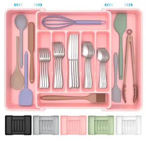 Extra Large Expandable Silverware Organizer, BPA-Free Food-Safe Cutlery Flatware Organizer, Kitchen Utensil Drawer Organizer, Adjustable Silverware Holder for Spoons Forks Knives, Pink
