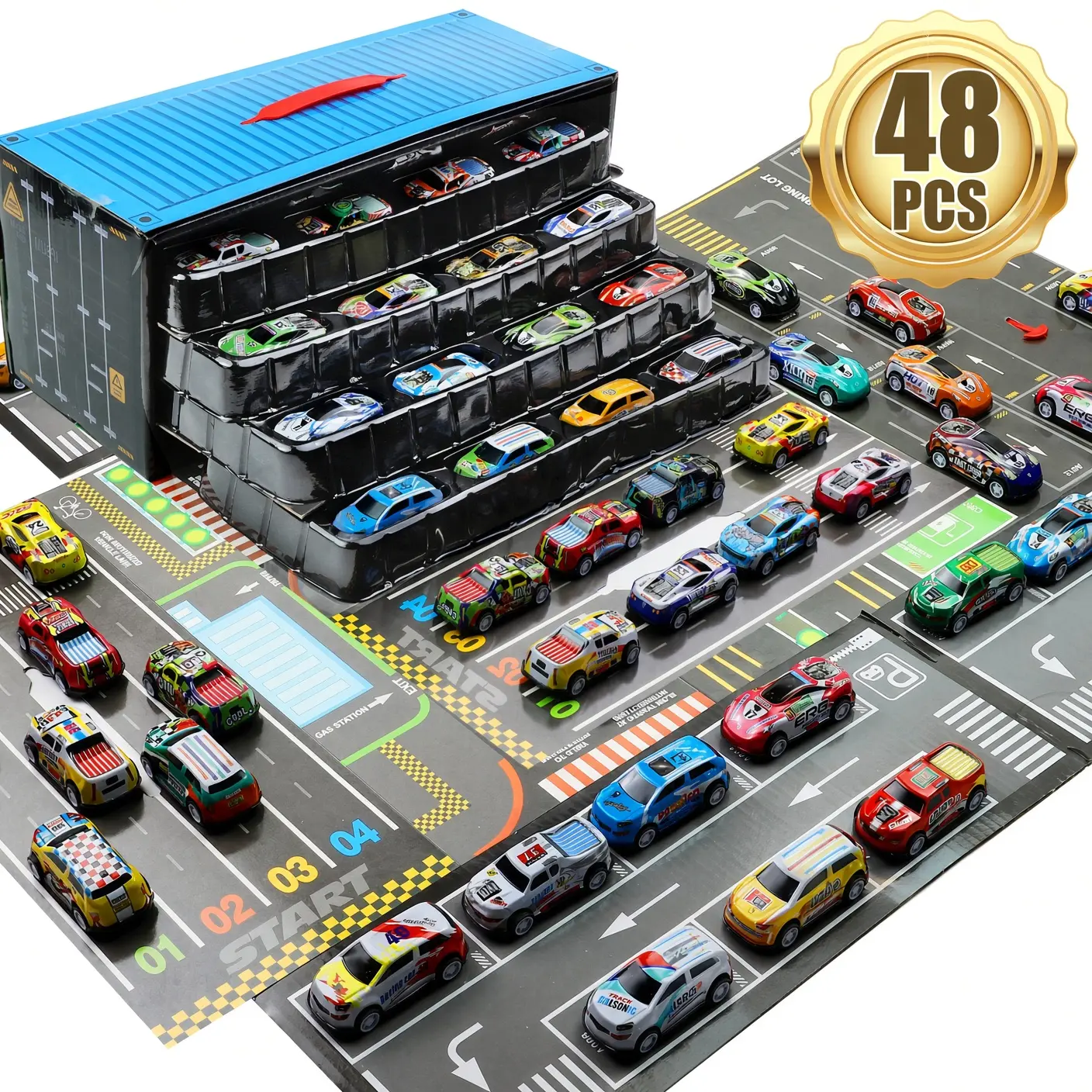 Pull Back Toy Cars for Kids, 48 Pack Metal Body Racing Car Set with Portable Storage Case and Fold-Out Road Play Map, Garage Playset, Birthday Gift for Boys and Girls
