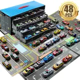 Pull Back Toy Cars for Kids, 48 Pack Metal Body Racing Car Set with Portable Storage Case and Fold-Out Road Play Map, Garage Playset, Birthday Gift for Boys and Girls