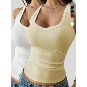 Women's Solid Ribbed Tank Top, Casual Sleeveless Top for Summer, Ladies Clothes for Daily Wear
