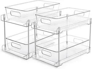 2 Tier Bathroom Storage Organizer, 2 Pack Clear Under Sink Organizers Vanity Counter Storage Container, Medicine Cabinet Drawers Bins, Pull-Out Organization with Track for Pantry, Kitchen