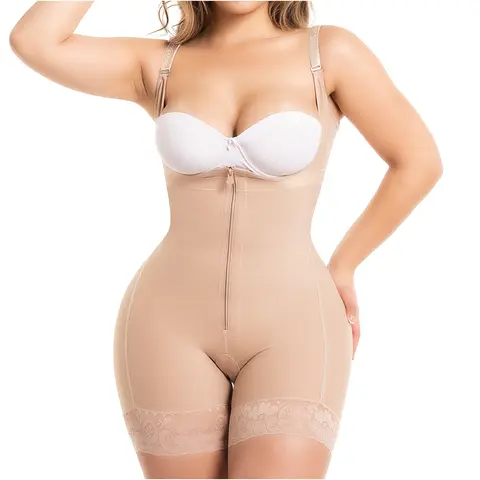Women's 100% Powernet Mid-Thigh Colombian Fajas Bodysuit - Medium Compression, Bum Lifter, Detachable Shoulder-Safe Straps, Zipper Front, Body Contouring, Natural Bump Enhancement, Hypoallergenic Cotton Daily Wear, Postpartum Recovery Support