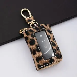 Leopard Print Car Key Case, PU Leather Zipper Key Holder Wallet