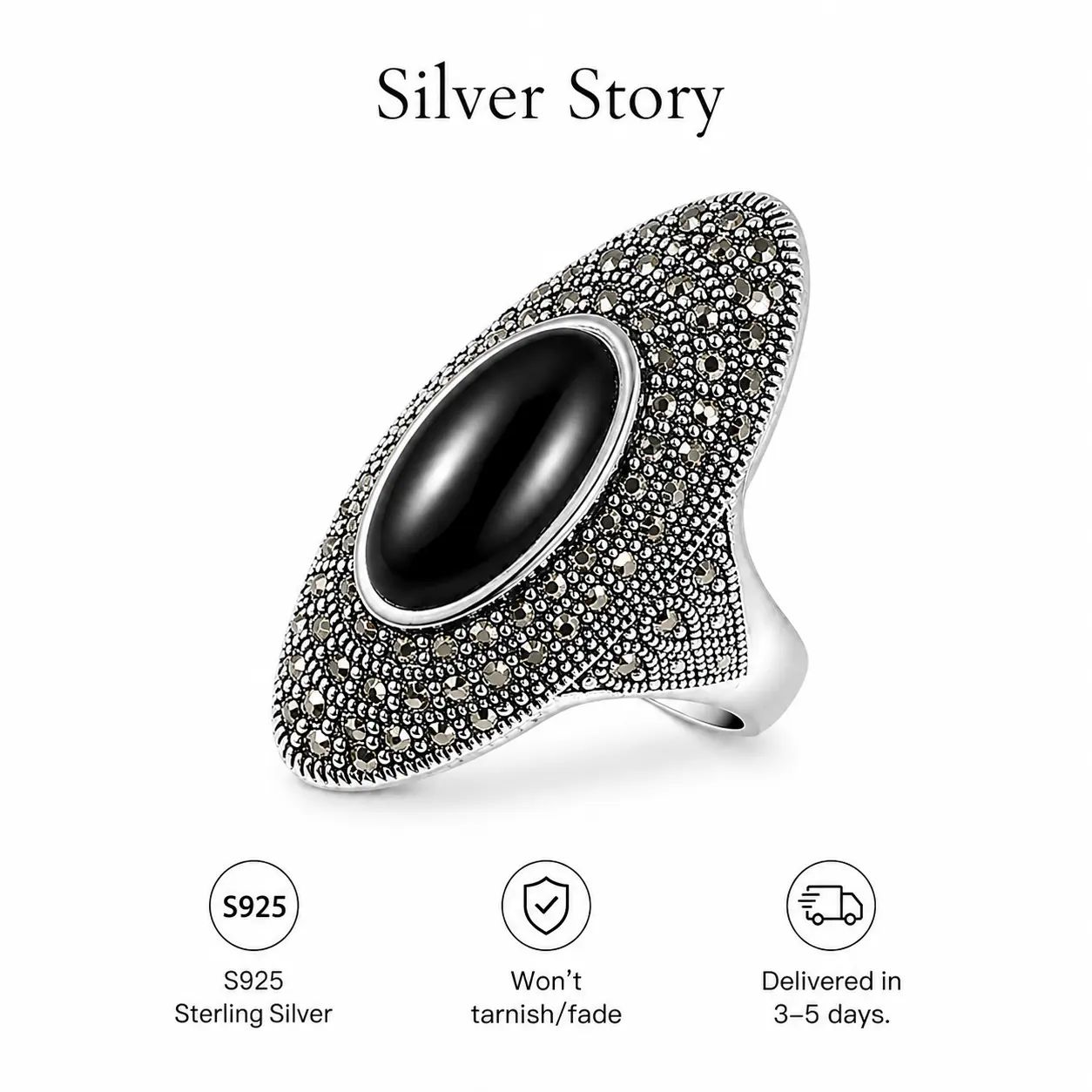 925 Sterling Silver Obsidian Ring, Vintage Gothic Witch Statement Ring, Handmade Filigree Black Onyx Silver Ring, Dark Aesthetic Jewelry for Women Men, Protection Amulet, Witchy Gift for Her