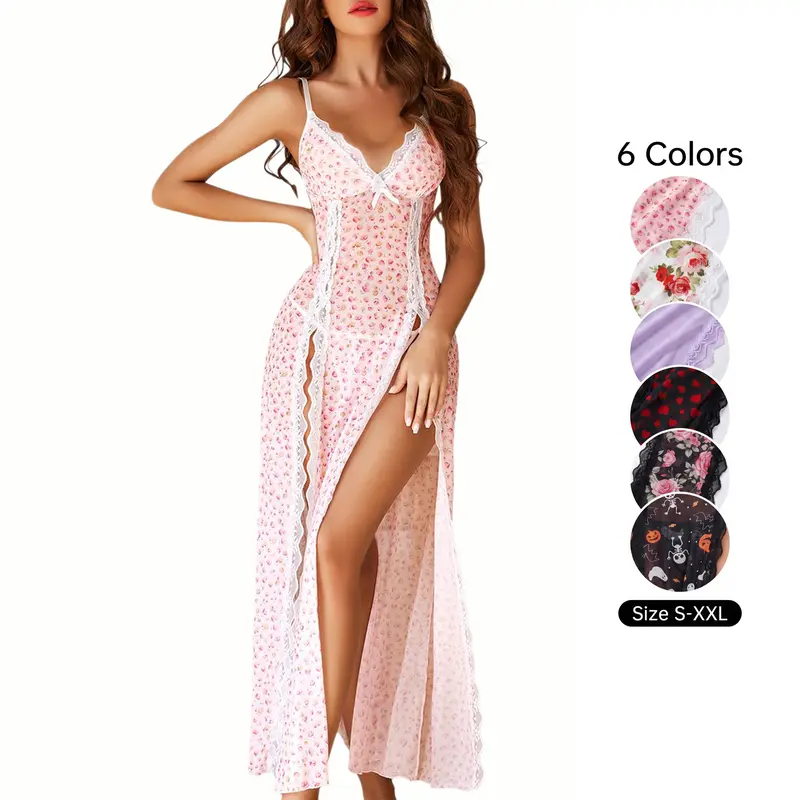 Avidlove Women's Lace Nightgown - Floral Mesh Chemise with V-Neck & Side Splits - Fitted Loungewear for Comfortable Wear - Soft Lightweight Lingerie All-Season Loungewear
