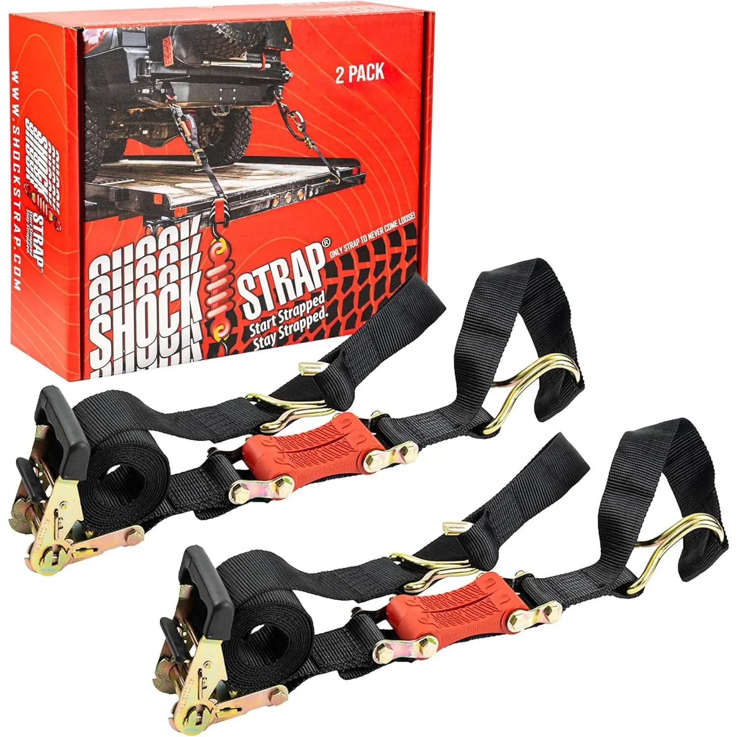 SHOCKSTRAP 9 ft x 2 in Ratchet Strap with Double Wire J Hooks | Constant Tension | 6,000 lb Break Strength | 2,000 lb Working Load Limit