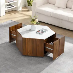 Hexagonal Rustic Retro Wood Coffee Table, with 2 Hidden Drawers, Textured White Marble Tops, Walunt Oak Finish - Perfect for Living Room & Reception Areas