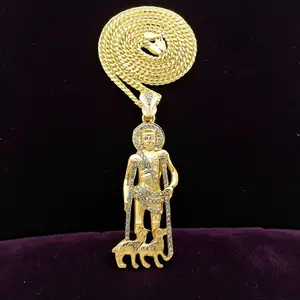 SAN LAZARO ICED GOLD SILVER PLATED RELIGIOUS CZ LARGE PENDANT & 4mm 18" 20" 24" BRASS CUBAN CHAIN HIP HOP NECKLACE JEWELRY