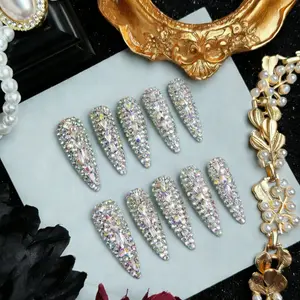 Nailrosy 10Pcs Handmade Long Almond Press-On Nails, Luxury Chic Rhinestones DIY Acrylic Supplies, Reusable Set with Gift Box, Suitable for Women’s Festivals, Parties (FY2K Cute 2026 Spring Summer)