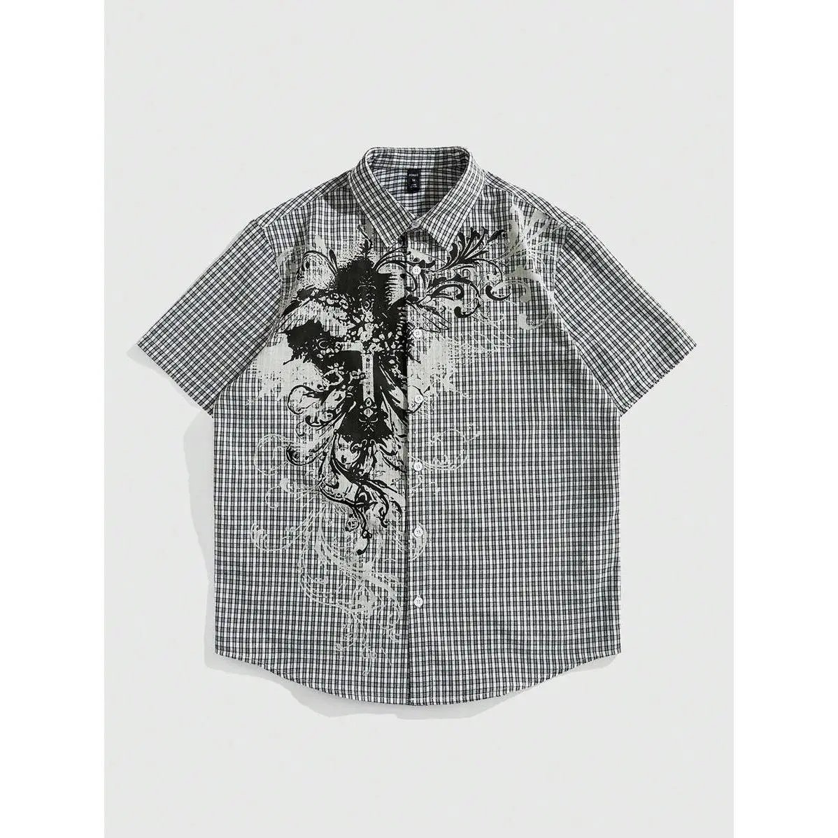 Men's Grunge Punk Plaid Graphic Shirt, Short Sleeve Loose Fit Button-Up in Viscose Blend for Gothic Emo Summer Streetwear, Menswear, Shortsleeve, Cotton, Hem