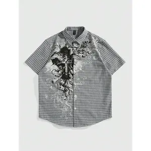 (Gold promotion)ROMWE MEN Grunge Punk Men's Street Summer Plaid Cross Print Short Sleeve Single-Breasted Casual Shirt