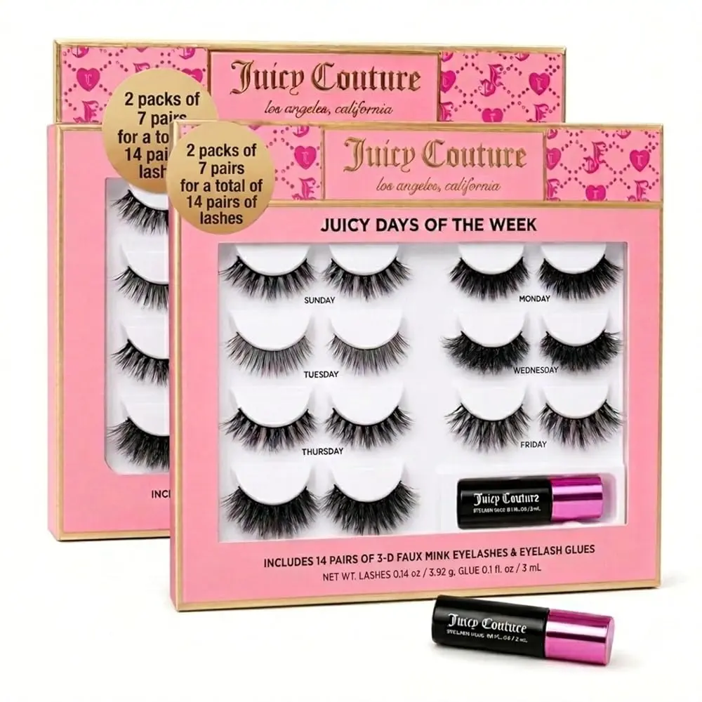 Juicy Couture Faux Mink Reusable Strip Eyelashes 14 Pack Variety Set with Glue & Applicator, Natural to Dramatic Styles