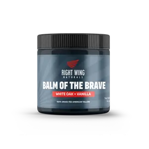 Right Wing Naturals Balm of the Brave – Grass-Fed Beef Tallow Men’s Balm (4 oz) – Rugged Moisture for Hands, Face, Beard & Scars – American-Made – Scents: White Oak & Vanilla or Tobaco Woods – No Chemicals, No Compromise