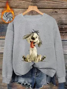 Women's Fall Winter Fitted Round Neck Sweater, Soft Plush Fabric, Cute Tongue-Out Dog Print, Casual Style, Comfortable Fit
