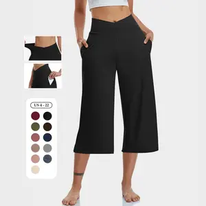 TARSE Womens Casual Baggy Wide Leg Yoga Capris Pants Crossover High Waist Bottoms Loose Plain Comfy Breathable Lightweight Pajama Trouser with Pockets