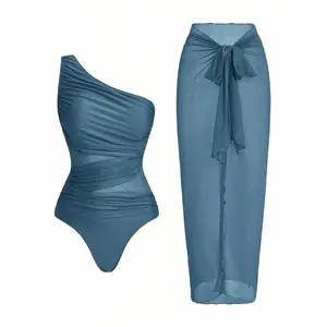 Chic Solid Color One-Piece Swimsuit with Sarong Skirt Ruched Mesh Panel Tummy Control Swimwear Stylish Modest Design for Pool Parties, Beach Days & Vacation Getaways