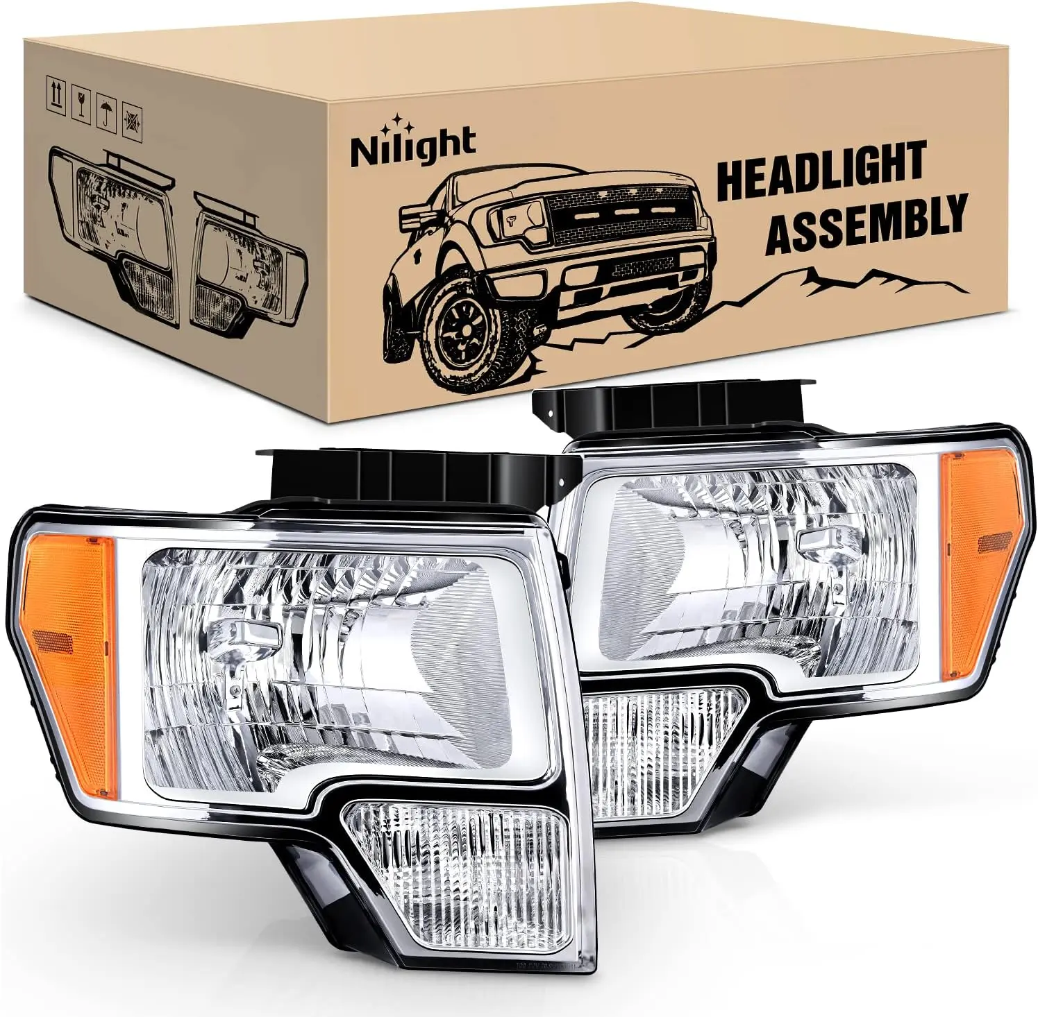 Nilight 2009 2010 2011 2012 2013 2014 F150 Headlight Assembly Chrome Housing Amber Corner Clear Lens Headlamp Replacement Driver and Passenger Side 2 Pack