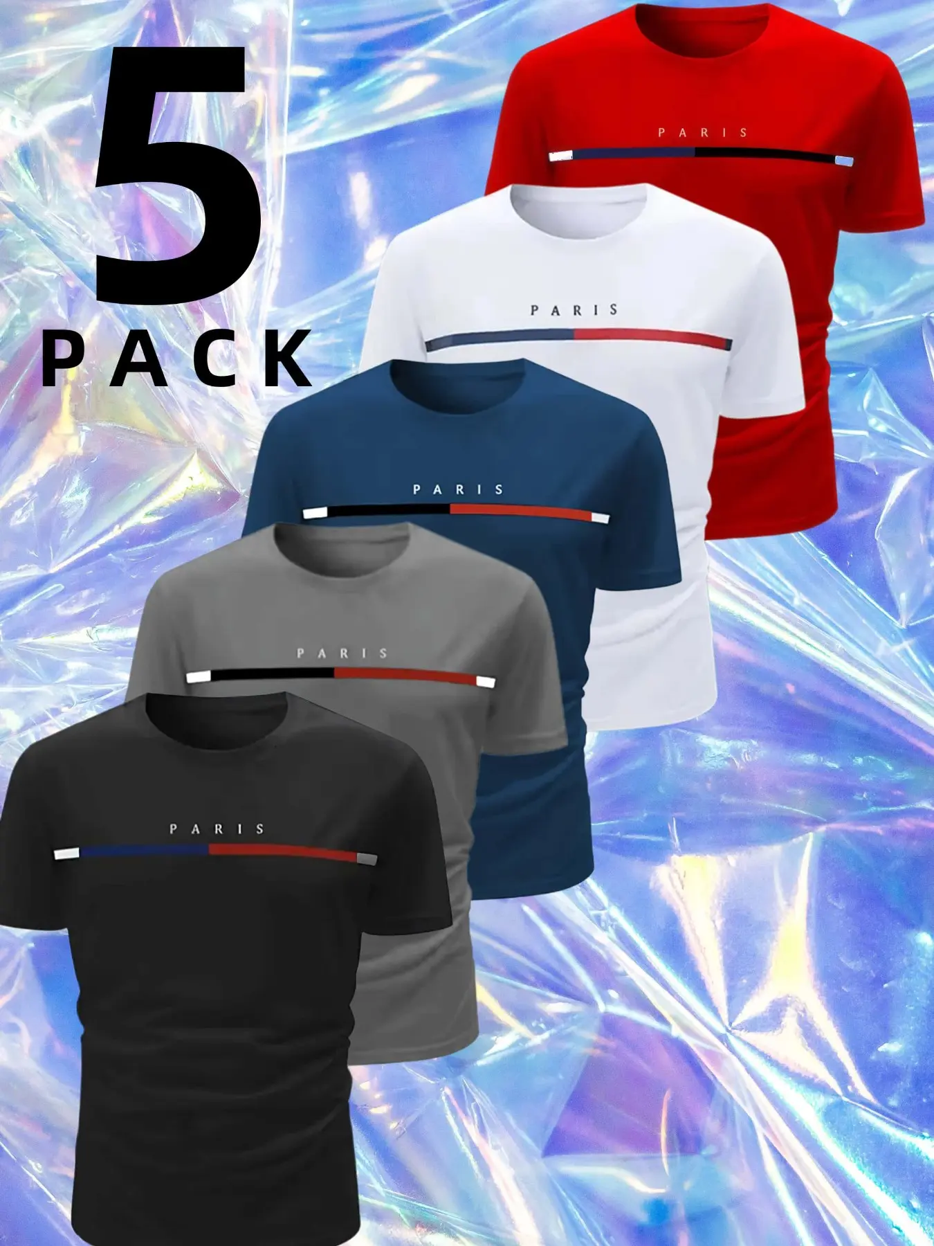 Men's Moisture-Wicking Fitted Short Sleeve T-Shirts, Dry Fit Shirt, Athletic T Shirts, Casual Sport Top, Paris Letter Print & Striped Collar, 5 Colors, Summer Outdoor Beach Training Sporty Casual Wear