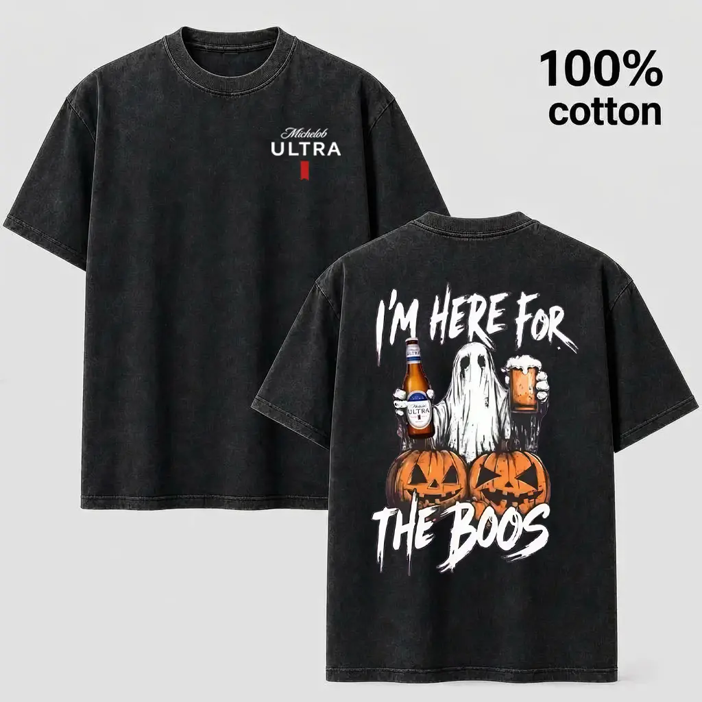 Michelob Ultra Halloween T-Shirt, Vintage Washed Short Sleeve Graphic Tee, "I'm Here For The Boos" Ghost and Pumpkin Beer Shirt for Men and Women, Casual Oversized Streetwear Top