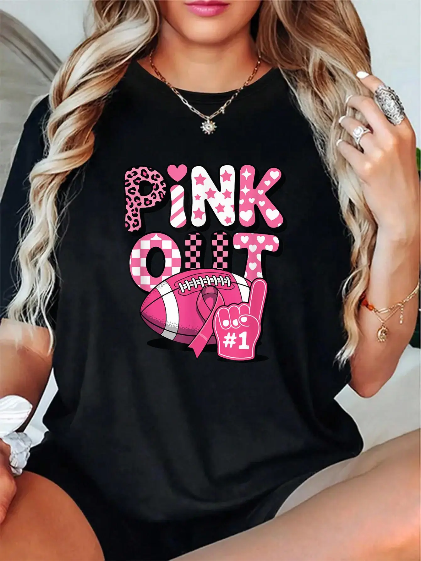 Women's Pink Out Football Game Print T-Shirt - Unisex 100% Cotton Soft Breathable Everyday Top, Breast Cancer Awareness Short Sleeve Relaxed Fit