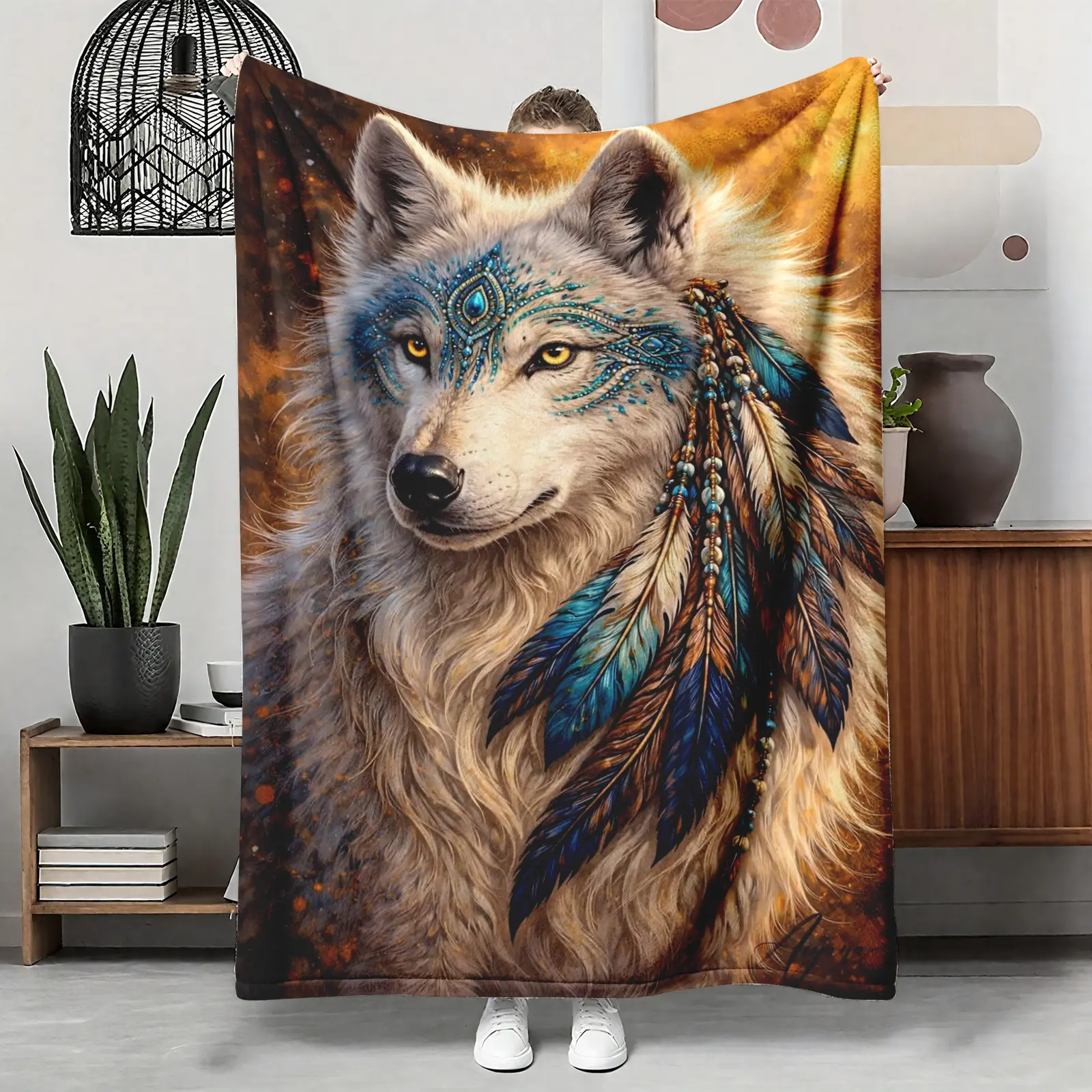 Spirit Wolf Native American Flannel Blanket, Tribal Turquoise Feather Art Soft Throw, Cozy Warm Mystical Gift for Him Her Wolf Lovers, Boho Southwestern Home Decor for Couch Sofa Bed, AC Room Summer Blanket, Birthday Christmas Gift, Animal Throw