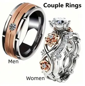 Luxury Two-Tone Couple Rings Set – Rose Gold & Silver Wedding Bands with Round Cut CZ, His and Hers Engagement Style Jewelry