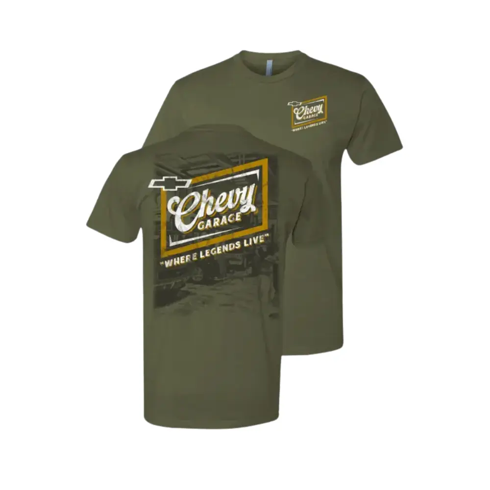Chevy Garage T-Shirt, Vintage Shop Sign Print, Military Green Tee for Classic Truck Fans, Retro Chevrolet Graphic Shirt for Garage Legends and Car Enthusiasts