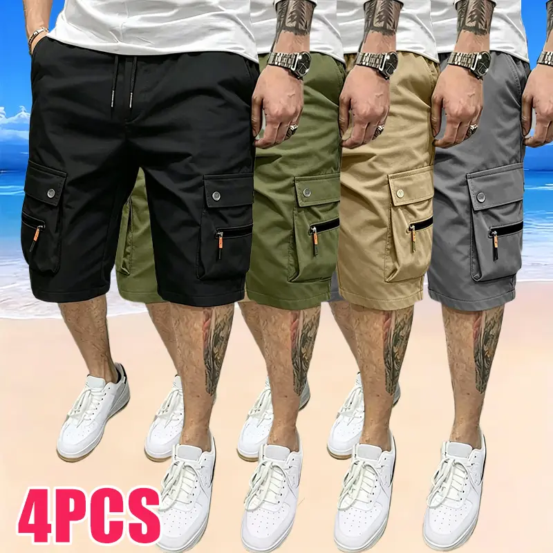 Men’s fashion trendy casual cargo shorts, 4-pack, adjustable drawstring waist, multi-pocket design, solid polyester fabric, suitable for travel, beach, sports, casual outfits, and versatile everyday wear—simple and comfortable.