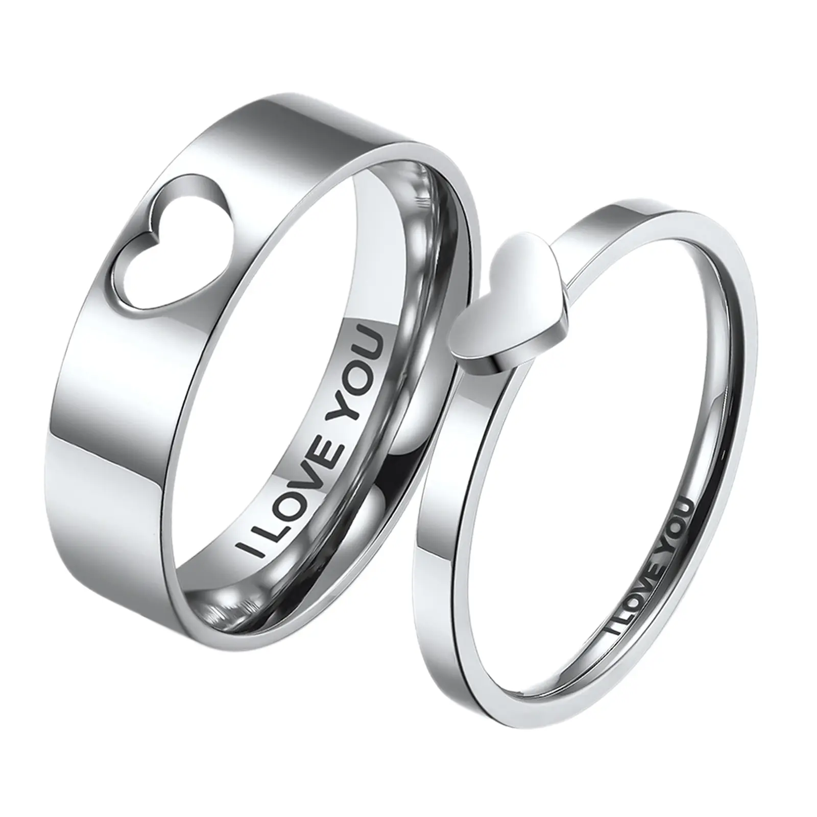 OIDEA Matching Fashion Promise Rings for Couples, Stainless Steel Hollow Heart Letter Bands with "I Love You" Engraving, Hypoallergenic Jewelry Set, Fashion Promise Ring, Heart Letter Rings