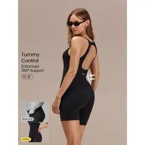 GLOWMODE 6" FeatherFit Flex & Go Buttery-Soft Tummy Control 2.0 Back Cutout Removable Cups Romper Yoga Pilates Gym Training Studio Daily Active Wear