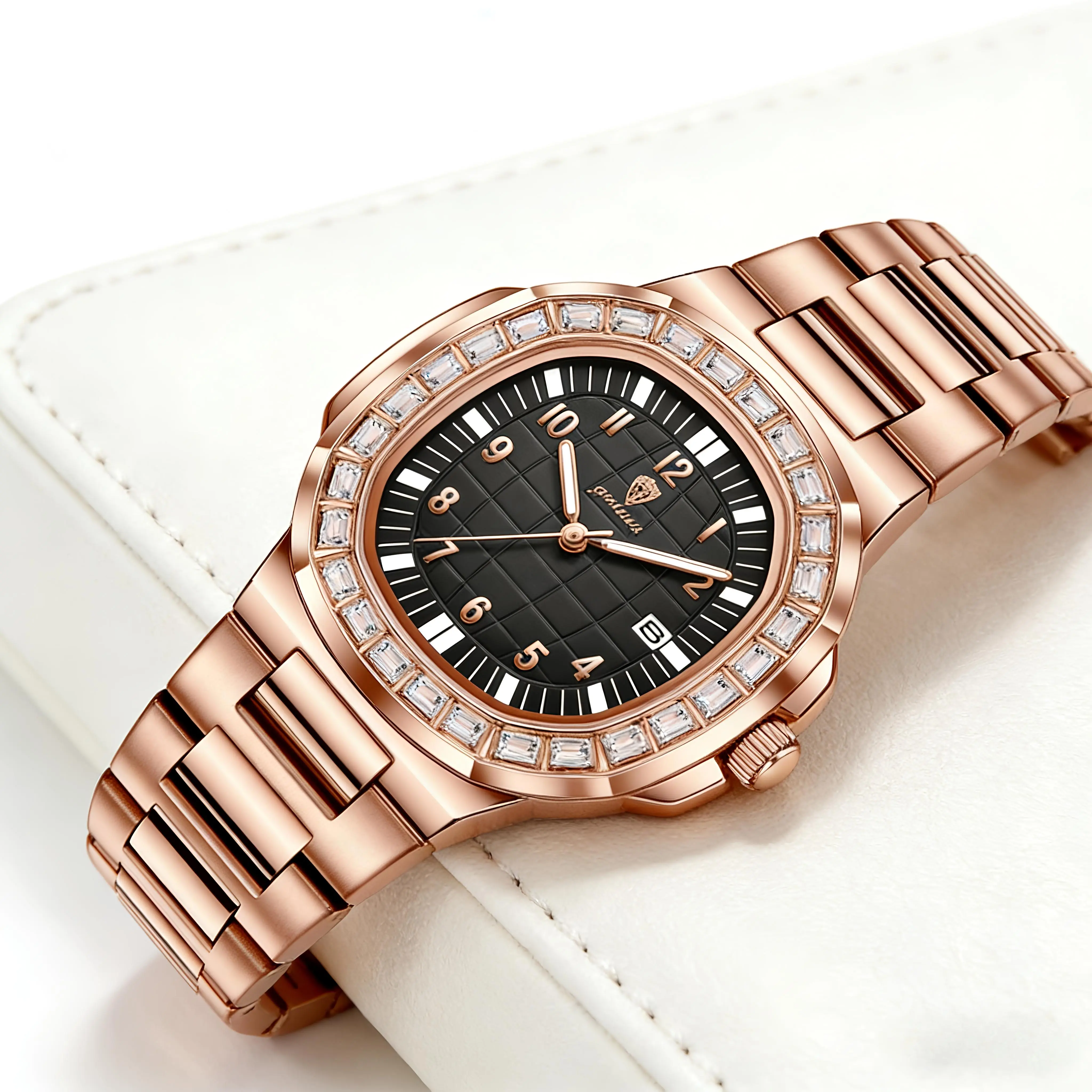 Men's Luxury Tonneau Wristwatch, 38mm Rose Gold Alloy Analog Watch with Diamond Bezel & Hidden Clasp, Waterproof < 30m, Includes Batteries in Full Gift Box Set, Formal Events