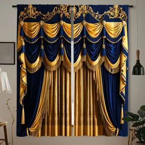 European Palace Luxury Curtains, Blue Bottom Gold Trim Fringe Decor, Elegant Tassels, Stylish Tassel, Long Stacked Curtain Heads, Golden Embroidery Texture, Living Room & Banquet Hall