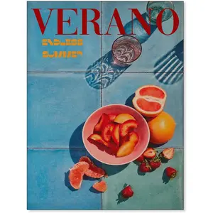 Minimalist blue vintage 70s poster summer orange fruit wall art fashion travel food strawberry canvas print for kitchen bedroom wall decor