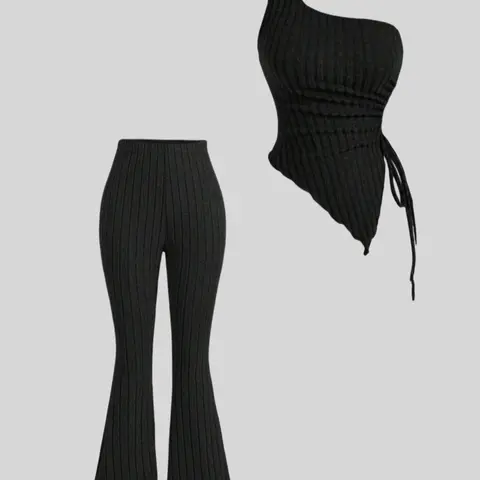 Women's Solid Fitted Asymmetric Top & Pants Two-piece Set Matching Fabric, Elegant Fashion Casual Top & Trousers for Daily Outdoor Wear, Ladies Clothes for All Seasons