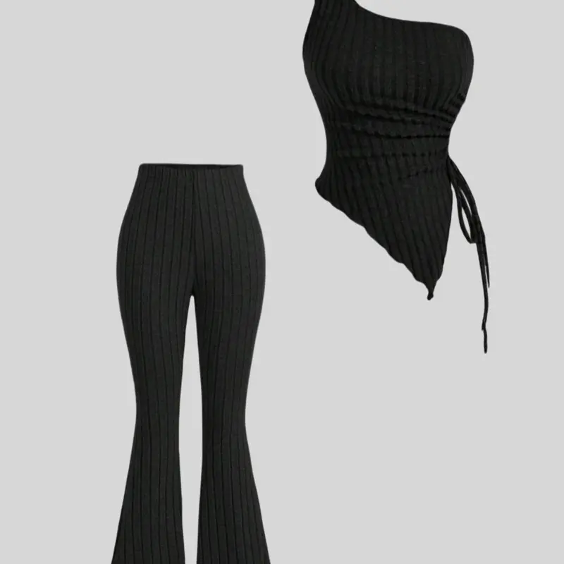 Women's Solid Fitted Asymmetric Top & Pants Two-piece Set Matching Fabric, Elegant Fashion Casual Top & Trousers for Daily Outdoor Wear, Ladies Clothes for All Seasons