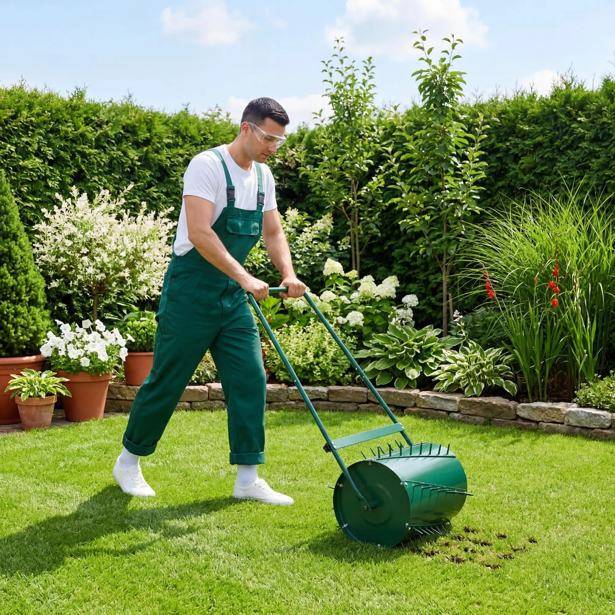 23 Inch 2-in-1 Heavy Duty Lawn Roller and Aerator, Push/Tow Behind Sod Roller with 13 Gallon Capacity, Spike Aerator & Water/Sand Filled for Grass Flattening in Garden, Yard, Farm