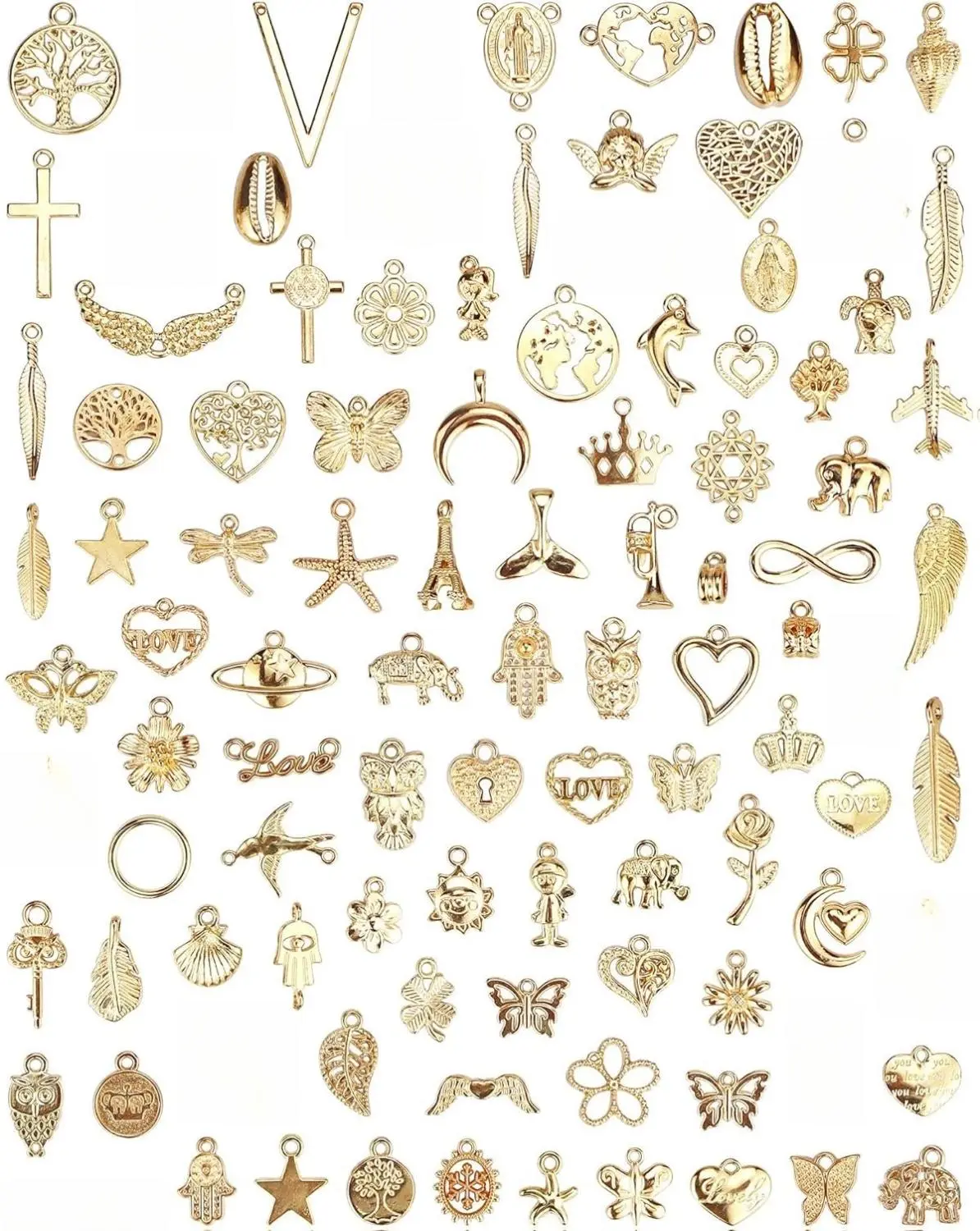 100 Pcs Wholesale Bulk Jewelry Making Charms - Mixed Golden KC Gold Alloy Exquisite Trendy Flower Pendants for Necklace, Bracelet, DIY Crafting Supplies, Exquisite Trendy Pendant, Flower Pendant