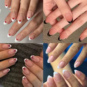 96pcs Short Oval French Edge Heart Butterfly Knot Press-On Nails, Acrylic Fake Nail Set, Easy Wear, Perfect for Parties and Daily Use