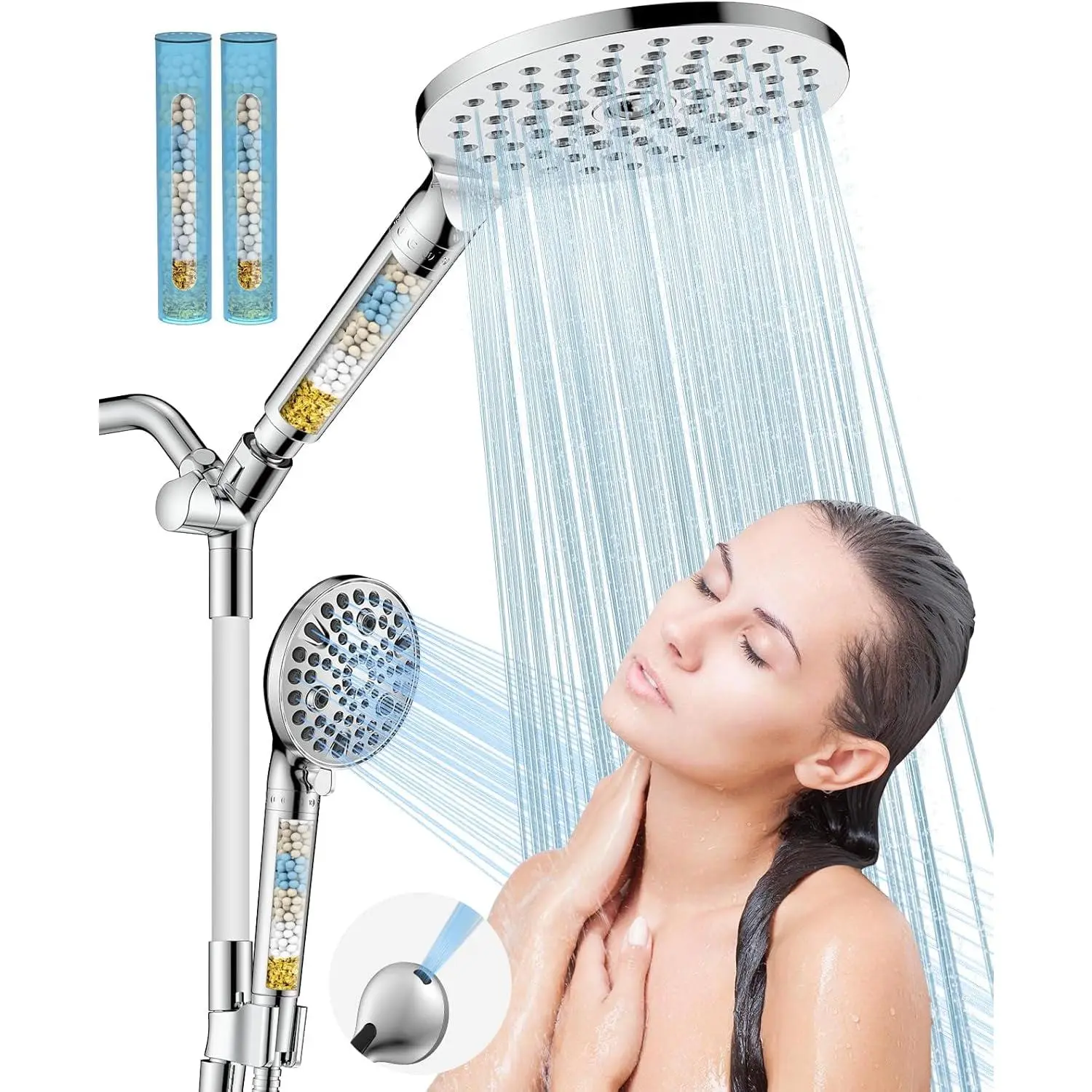 Dual Filtered Handheld Shower Heads Combo, HOPOPRO 15-Mode High Pressure Rainfall Showerheads Combo Set with Filter, for Hard Water, Removes Chlorine, Improves Skin Hair Condition, Chrome