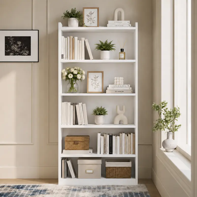 Costoffs Modern 6/7-Layer Veneer Wood Floor Standing Bookshelf - Rustic Office/Apartment Furniture, Adjustable Open Shelves, Open Top, 22lb Per Shelf, Raised Base, Space-Saving, Room Decor, Household Items, 63" Tall Display, 24" L×9.5" W×63" H, 35.9lb