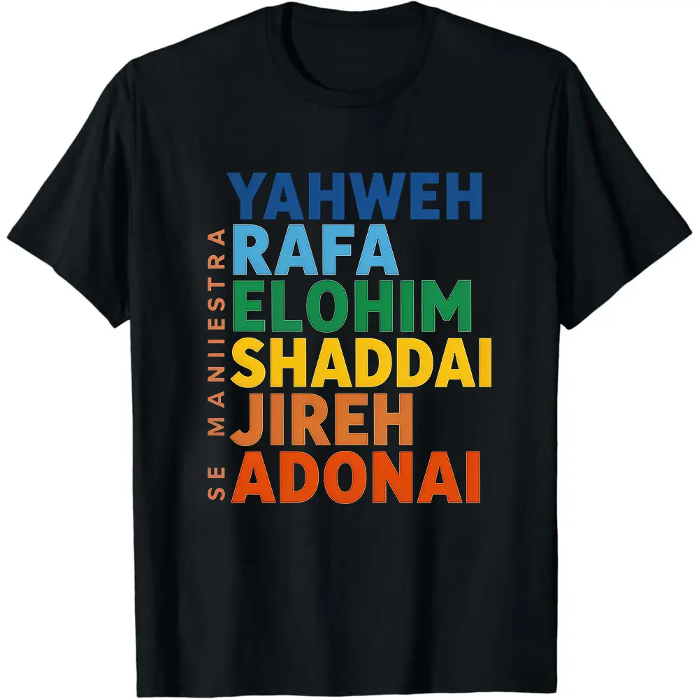 Men's Hebrew God Names T-Shirt, Casual YAHWEH ELOHIM Shortsleeve Top in Soft Cotton Fabric with Seamless Design, Menswear, Smooth, Round Neck, Casual Fit, Graphics, Digital Print, Lightweight, Machine Wash