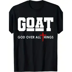 GOAT Graphic Cotton T-shirt Black Crew Neck Featuring White Text Red Cross Design Edition with The Statement God Is The Master of All Perfect Casual Wear And Spiritual Motivation Unique Gift Option for Enthusiasts