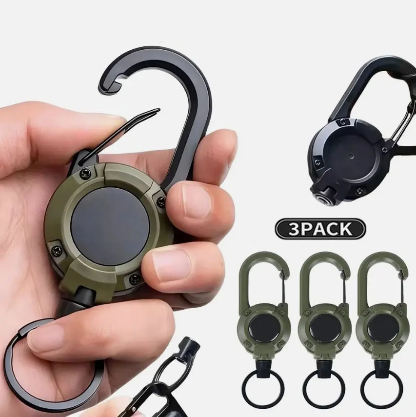 3-Pack Carabiner Keychains - Heavy-Duty Retractable Badge Reels with 60cm Steel Cord, Saltwater-Resistant Multi-Tool, 10oz Capacity, Black/Military Green, Ideal for Outdoor Adventures, Everyday Carry