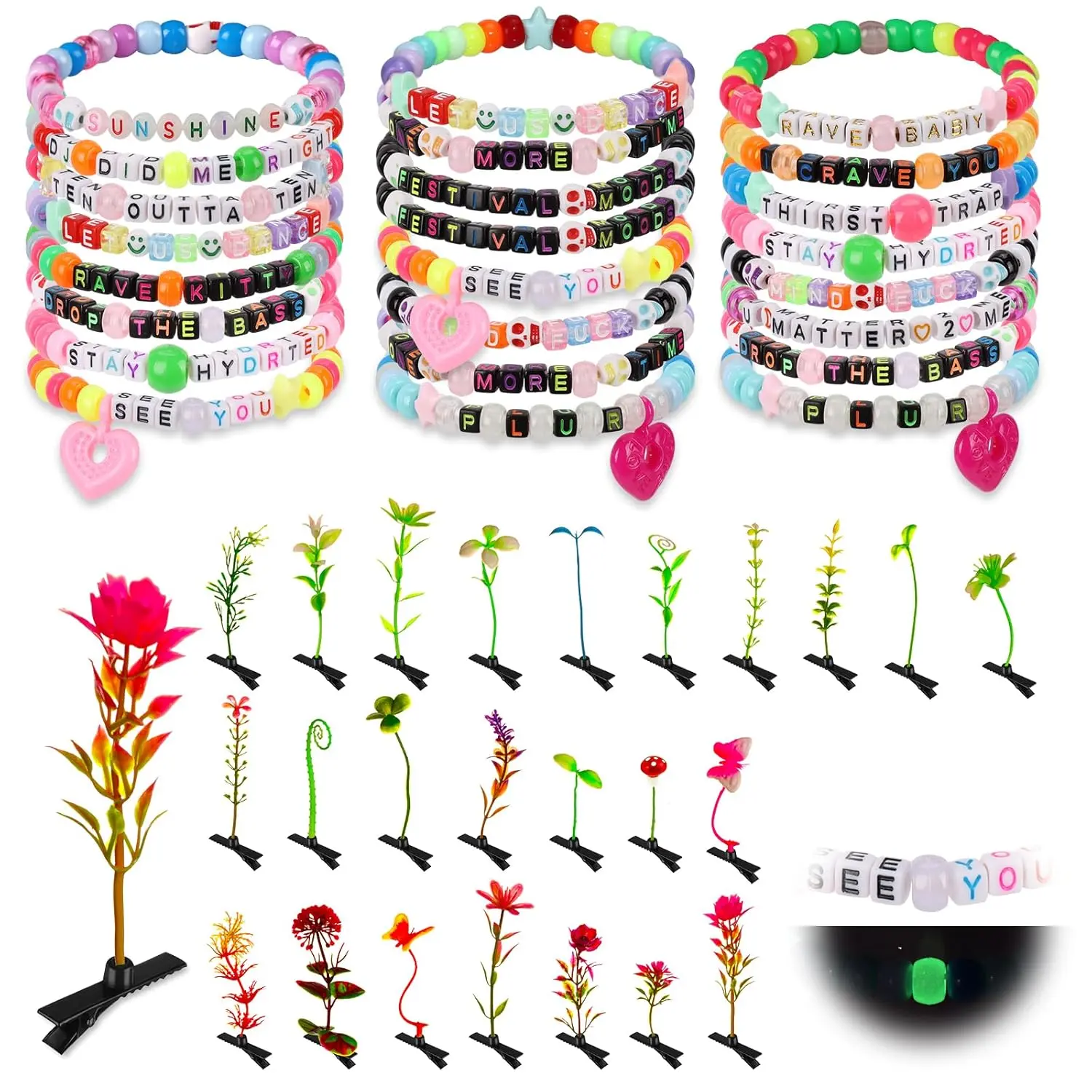 32 Set Rave Trinkets with Kandi Bracelets and Rave Bean Sprout Hair Clips Stretch Scene Bracelet with Funny Flower Hair Clip Party Headwear Pin Rave Festival Accessories for Women Plur