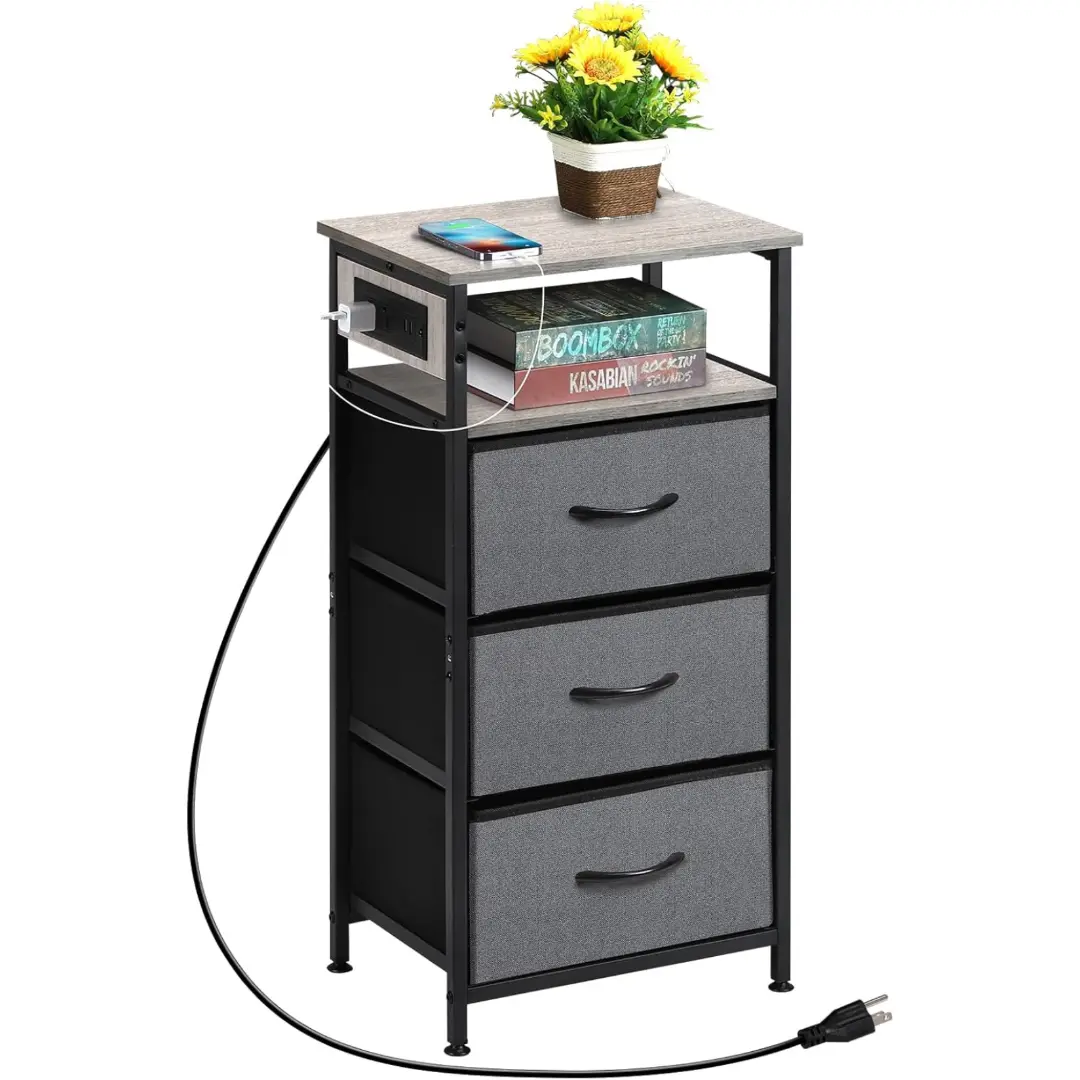 Industrial Grey 2-Tier End Table Furniture - 3 Drawers, Built-in Charging Station, Compact Multi-Functional Organizer for Home Vertical Storage, Ideal for Bedroom, Sofa Side